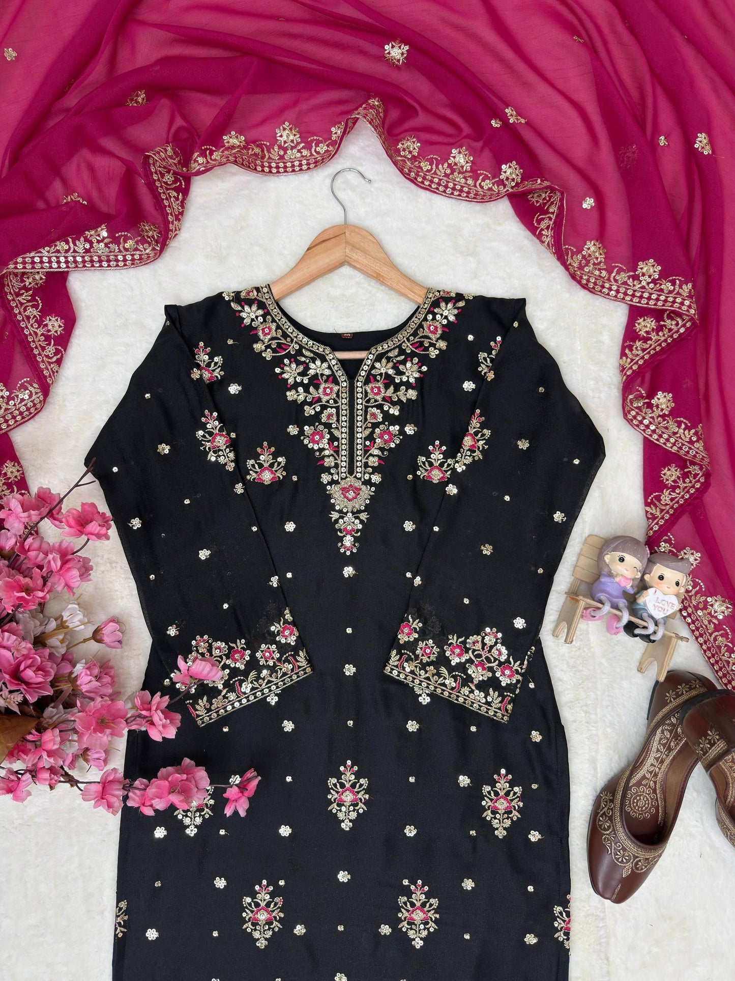 DESIGNER STAR GEORGETTE KURTI PLAZZO SET WITH EMBROIDERED DUPATTA
