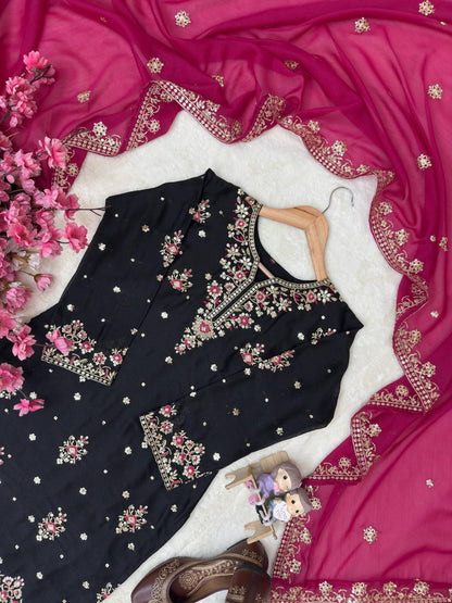 DESIGNER STAR GEORGETTE KURTI PLAZZO SET WITH EMBROIDERED DUPATTA