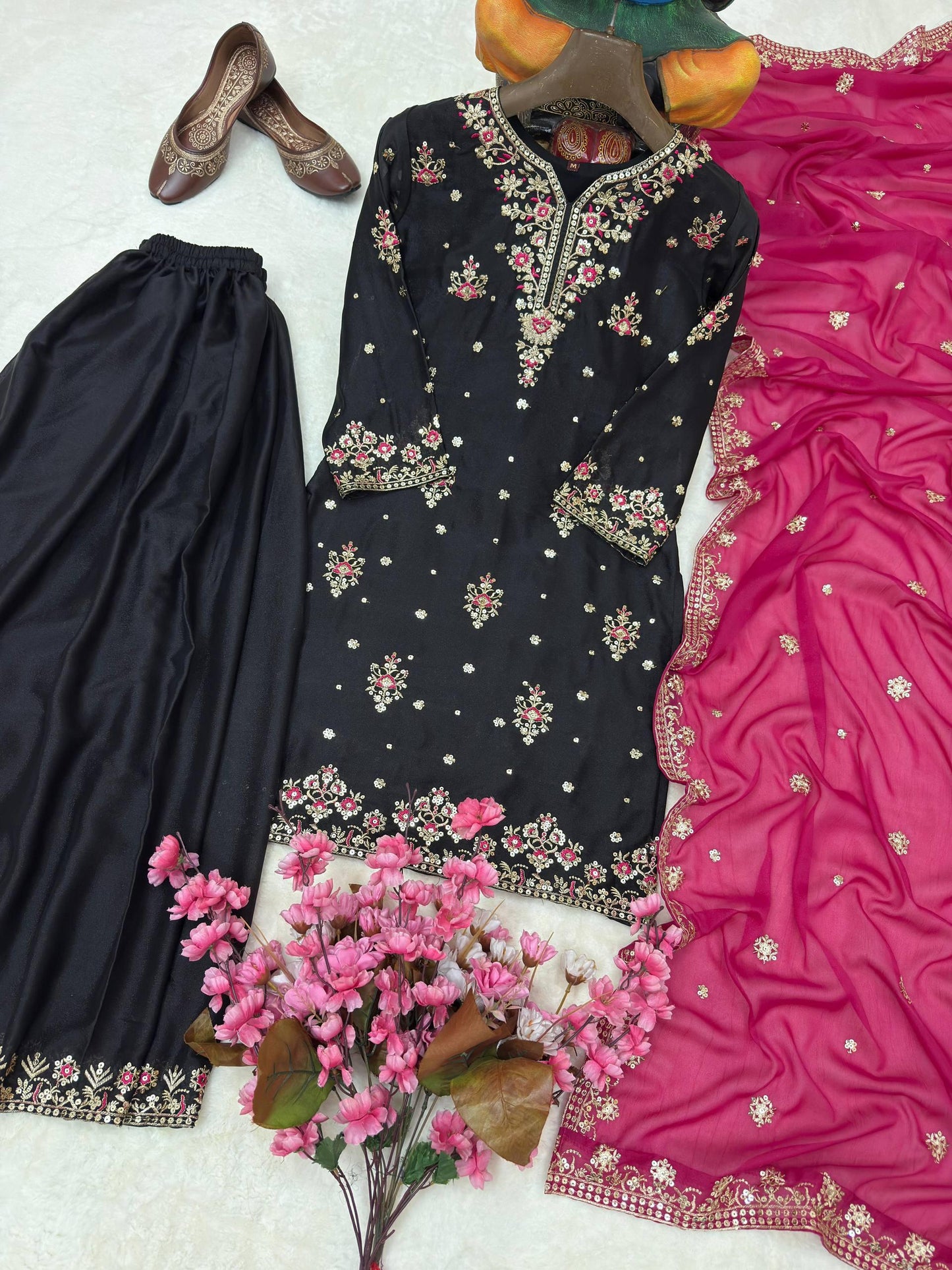 DESIGNER STAR GEORGETTE KURTI PLAZZO SET WITH EMBROIDERED DUPATTA
