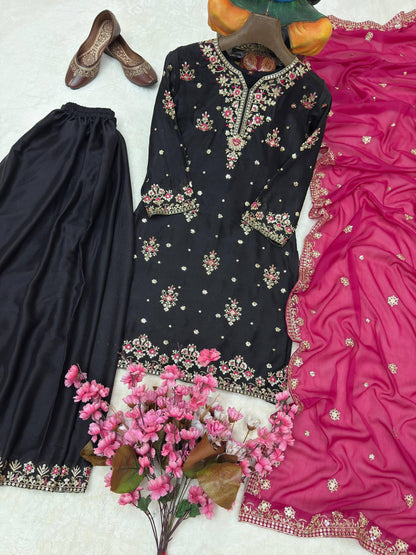 DESIGNER STAR GEORGETTE KURTI PLAZZO SET WITH EMBROIDERED DUPATTA