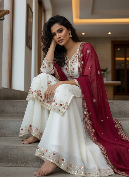 DESIGNER STAR GEORGETTE KURTI PLAZZO SET WITH EMBROIDERED DUPATTA