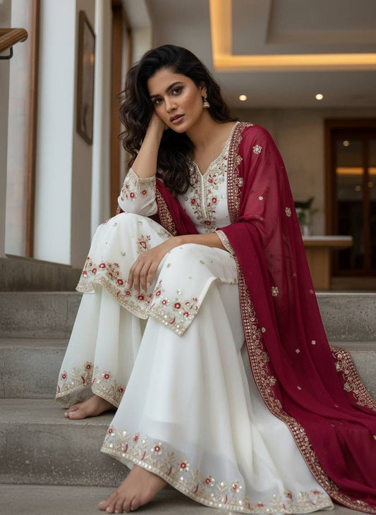 DESIGNER STAR GEORGETTE KURTI PLAZZO SET WITH EMBROIDERED DUPATTA