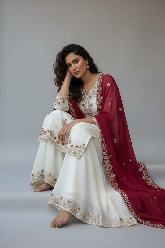 DESIGNER STAR GEORGETTE KURTI PLAZZO SET WITH EMBROIDERED DUPATTA