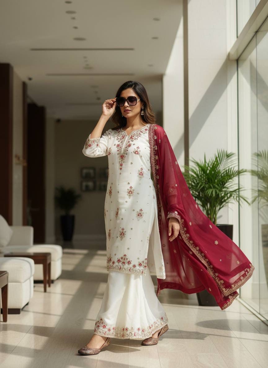 DESIGNER STAR GEORGETTE KURTI PLAZZO SET WITH EMBROIDERED DUPATTA