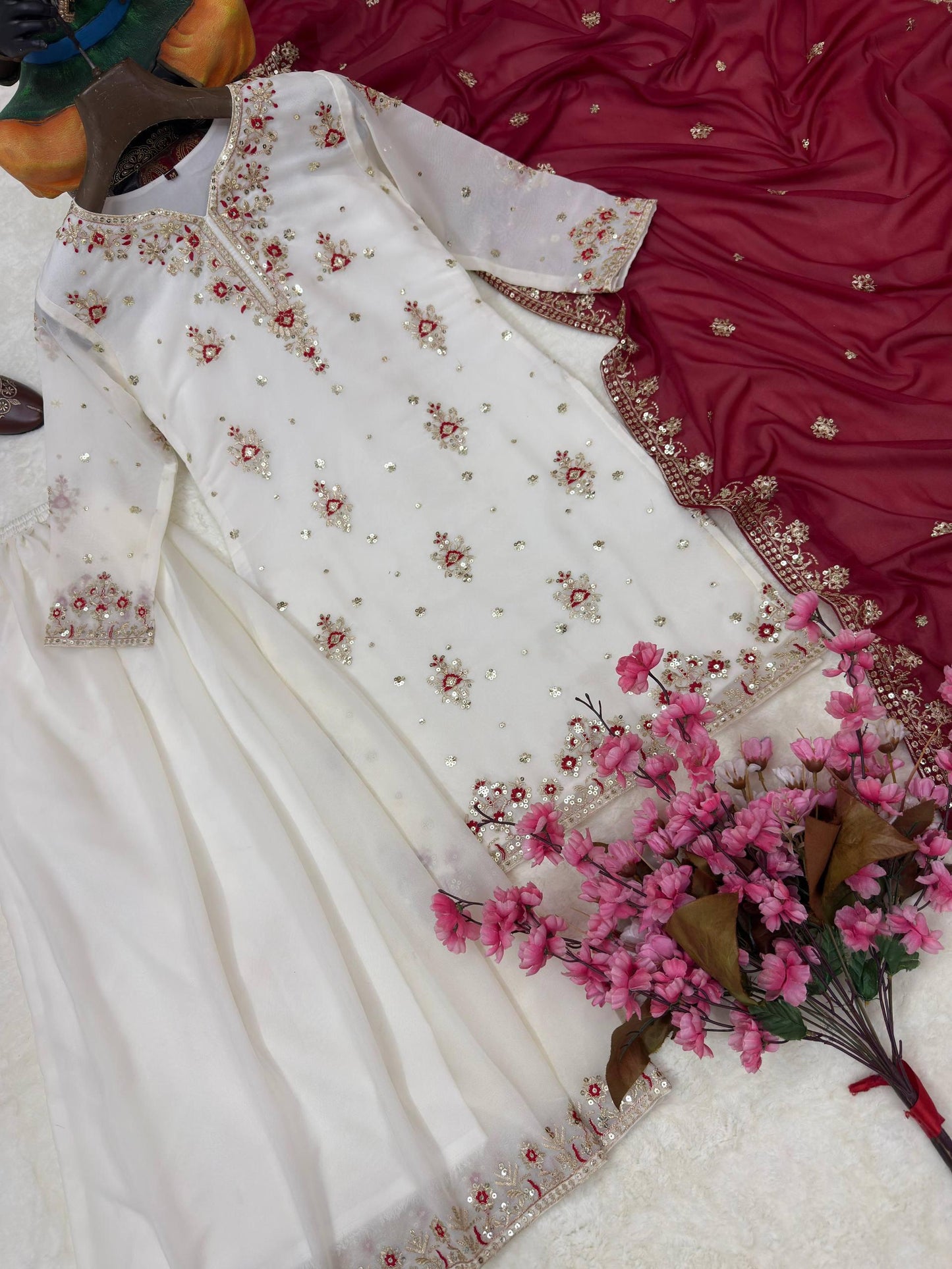 DESIGNER STAR GEORGETTE KURTI PLAZZO SET WITH EMBROIDERED DUPATTA