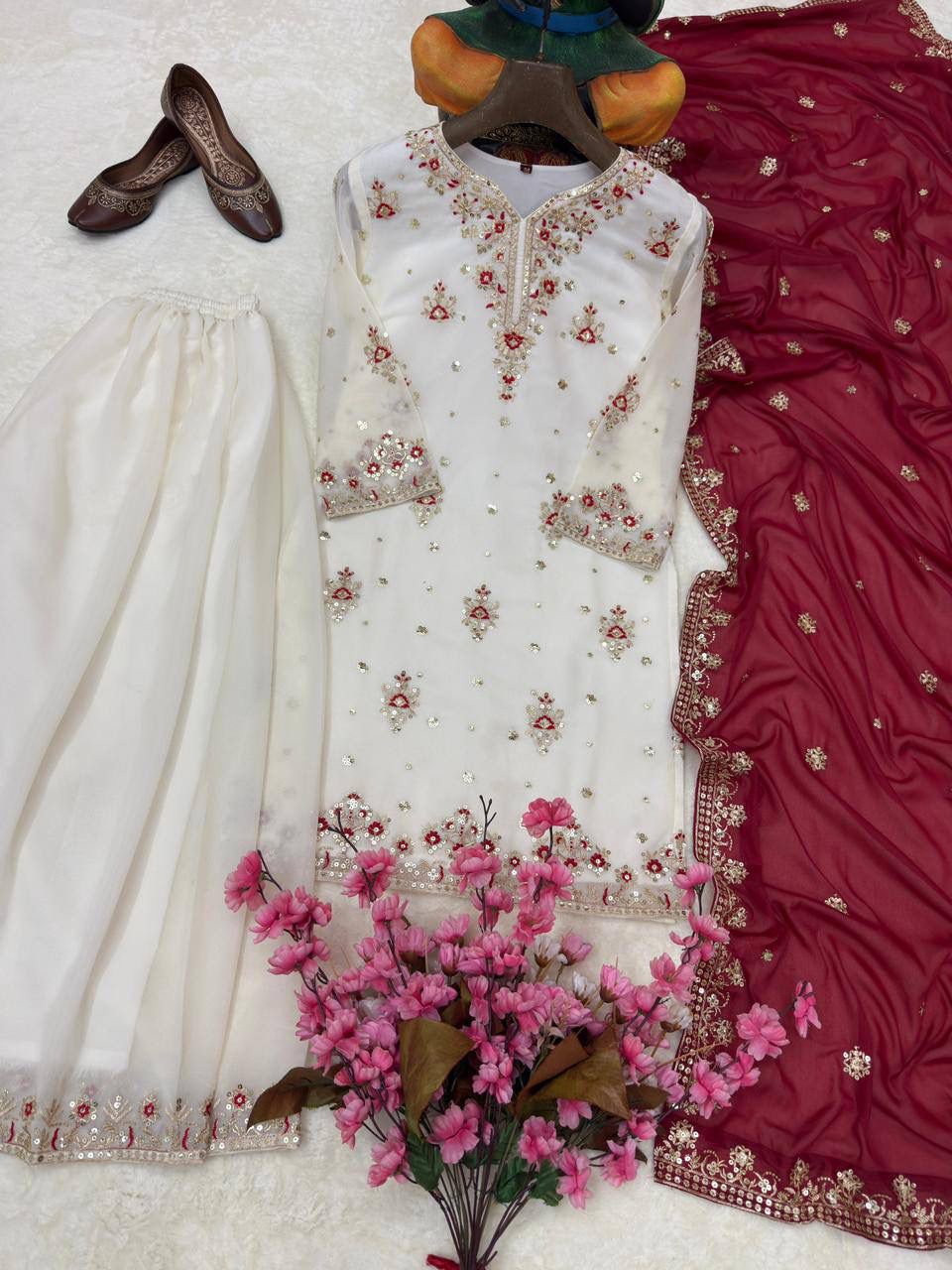 DESIGNER STAR GEORGETTE KURTI PLAZZO SET WITH EMBROIDERED DUPATTA