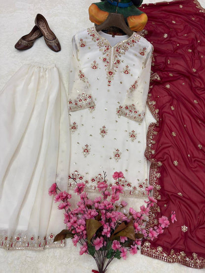 DESIGNER STAR GEORGETTE KURTI PLAZZO SET WITH EMBROIDERED DUPATTA