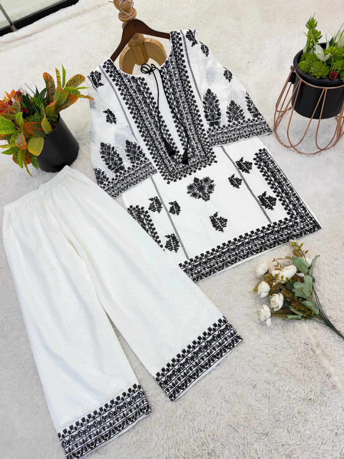 RAYON BUTTI SILK EMBROIDERED TOP-BOTTOM SET
