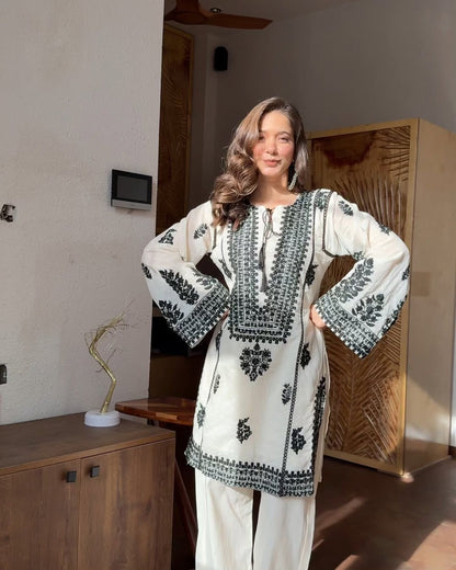 RAYON BUTTI SILK EMBROIDERED TOP-BOTTOM SET
