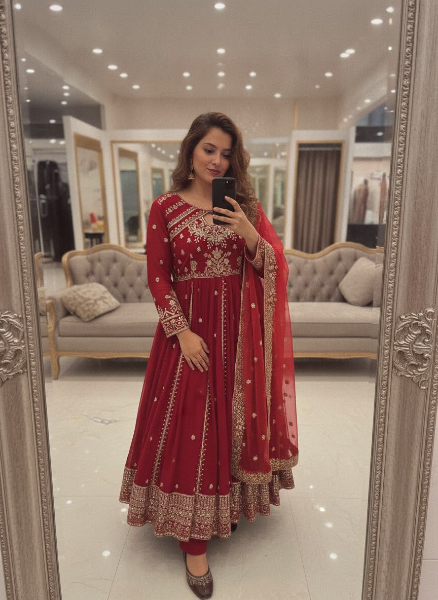 RED RAMA YELLOW DESIGNER ANARKALI GOWN SET