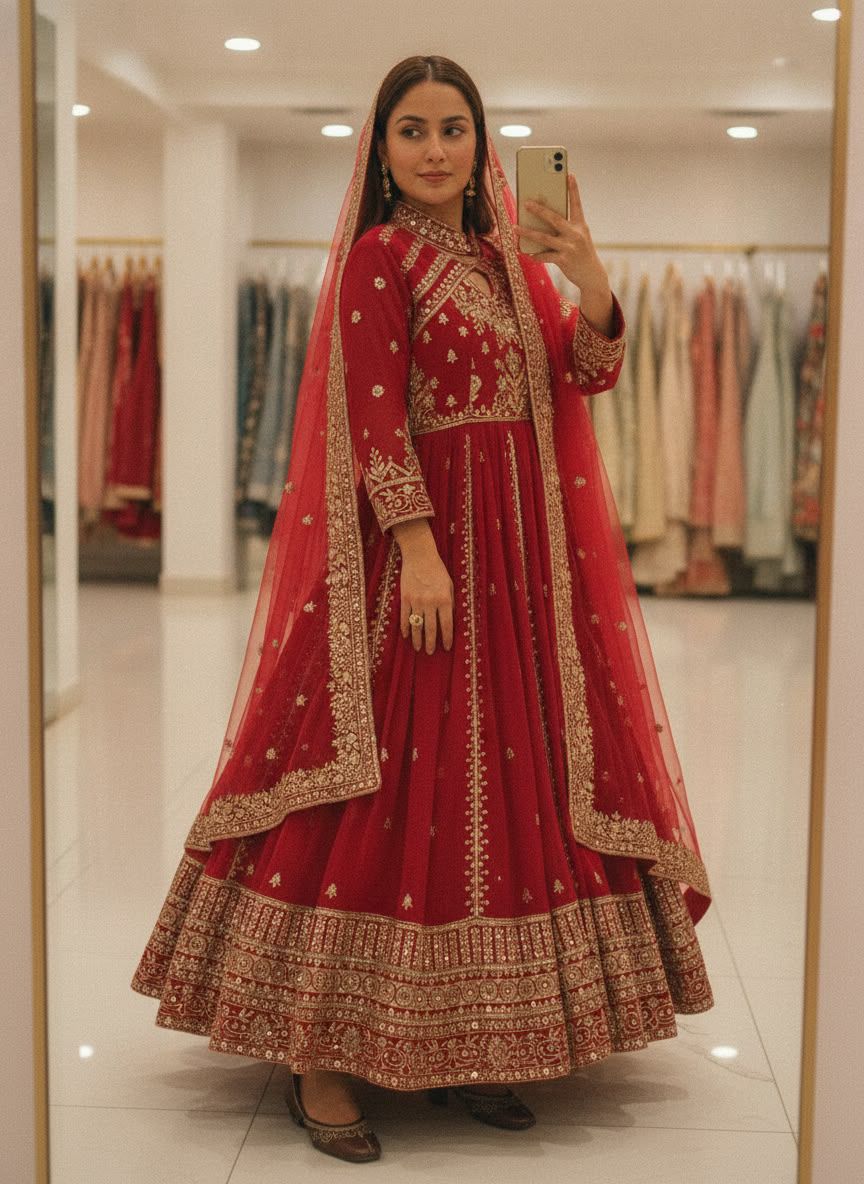 RED RAMA YELLOW DESIGNER ANARKALI GOWN SET