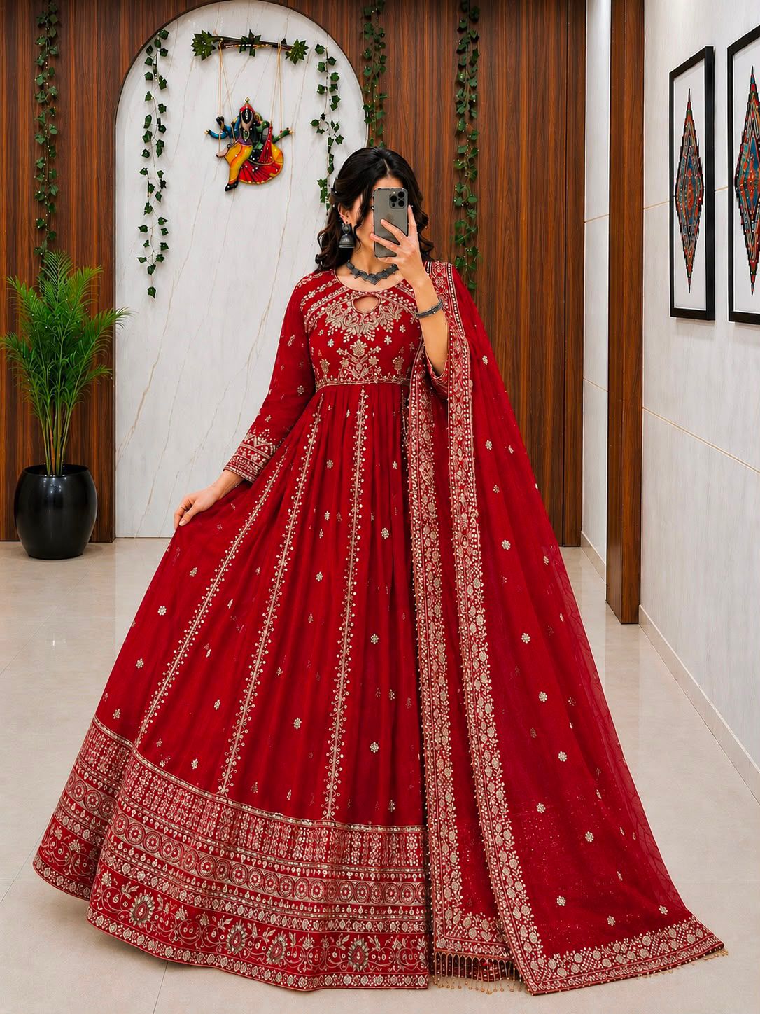 RED RAMA YELLOW DESIGNER ANARKALI GOWN SET