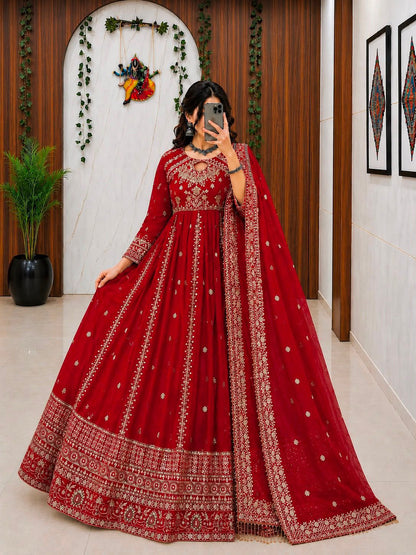 RED RAMA YELLOW DESIGNER ANARKALI GOWN SET