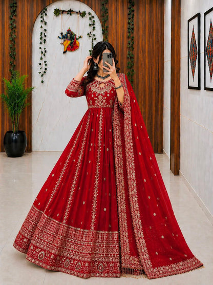 RED RAMA YELLOW DESIGNER ANARKALI GOWN SET