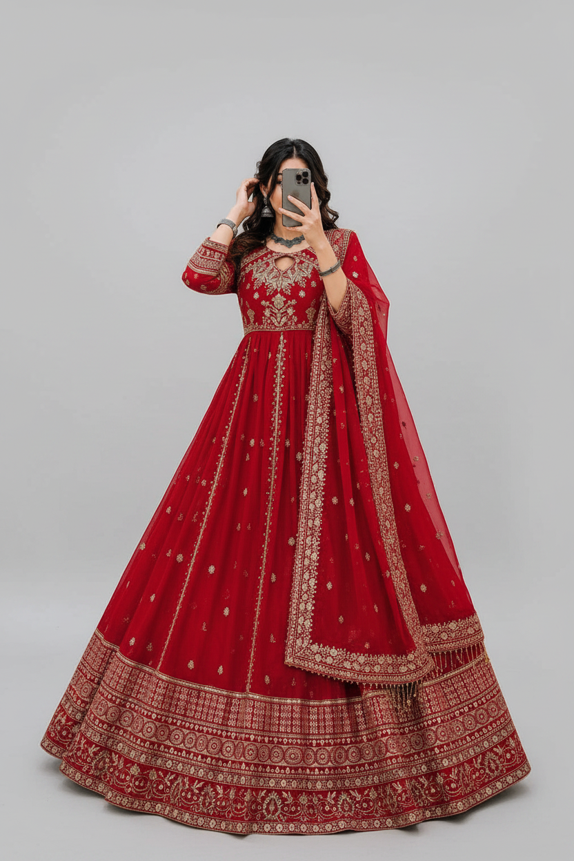 RED RAMA YELLOW DESIGNER ANARKALI GOWN SET
