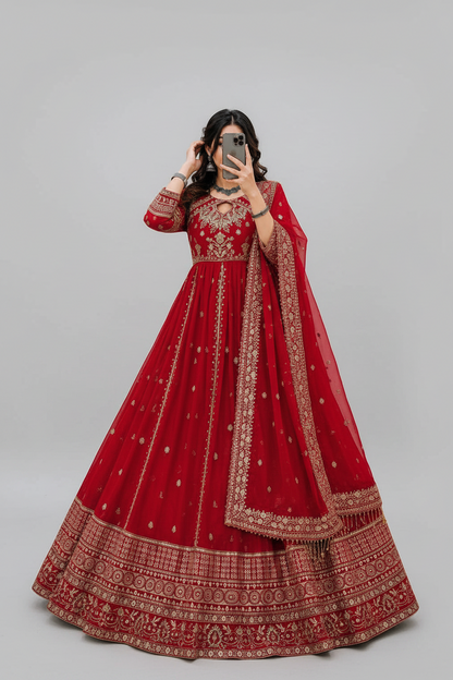 RED RAMA YELLOW DESIGNER ANARKALI GOWN SET