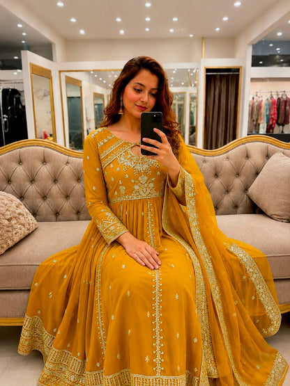 RED RAMA YELLOW DESIGNER ANARKALI GOWN SET