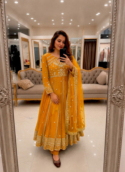 RED RAMA YELLOW DESIGNER ANARKALI GOWN SET