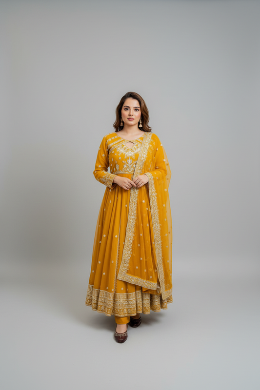 RED RAMA YELLOW DESIGNER ANARKALI GOWN SET