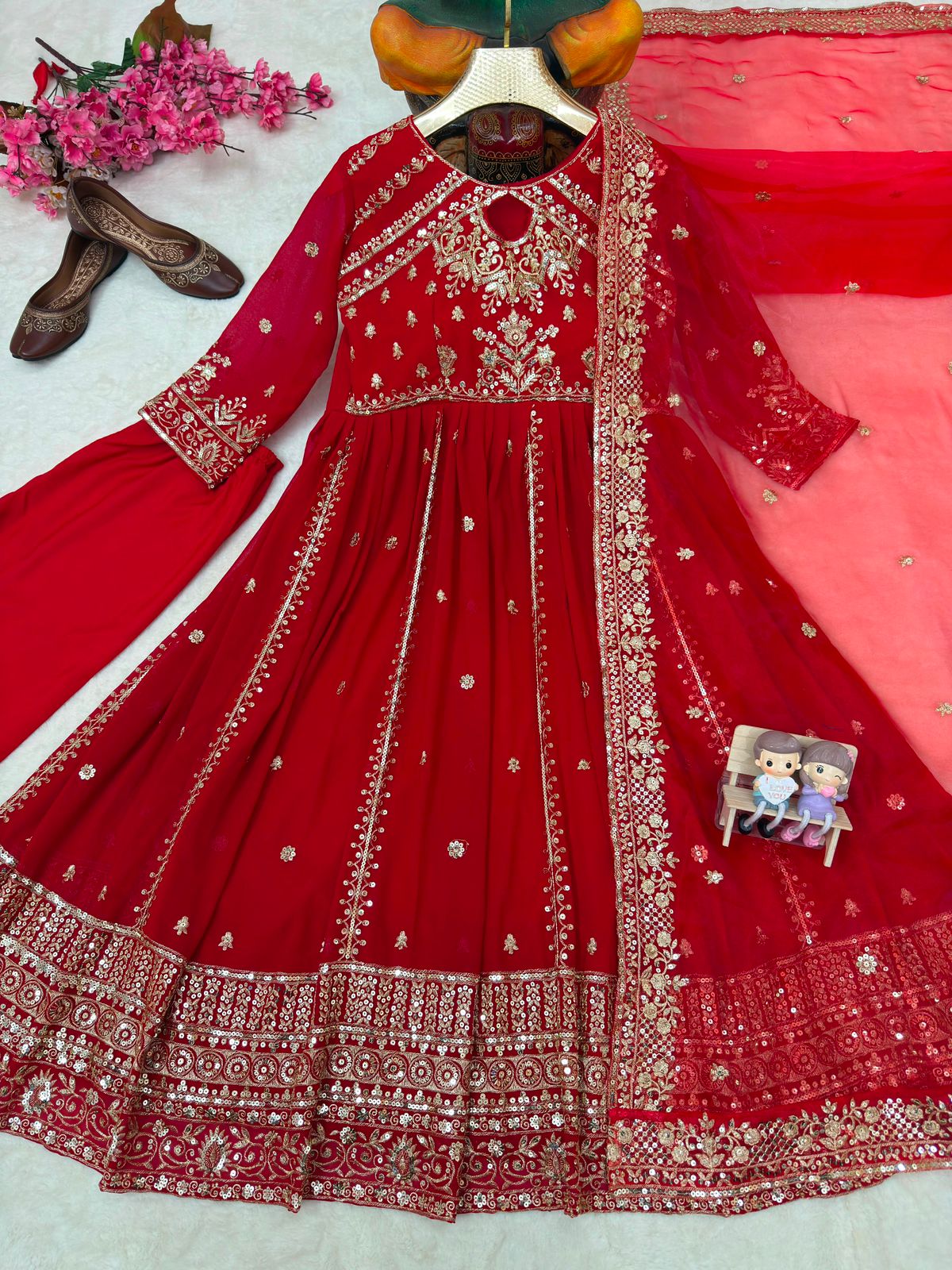 RED RAMA YELLOW DESIGNER ANARKALI GOWN SET