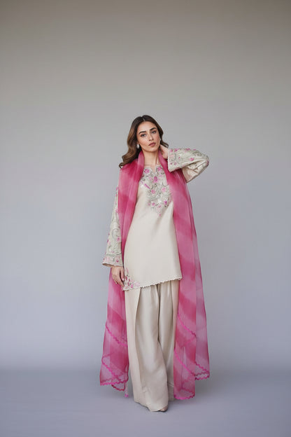 DESIGNER WEAR EXCLUSIVE FARSI SALWAR SUIT IN FRENCH CRAPE WITH SOFT ORGANZA DUPATTA