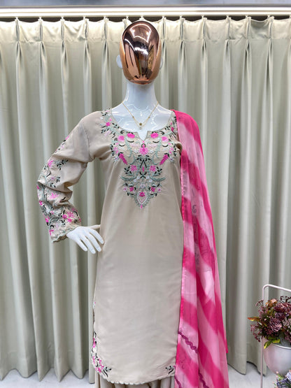 DESIGNER WEAR EXCLUSIVE FARSI SALWAR SUIT IN FRENCH CRAPE WITH SOFT ORGANZA DUPATTA