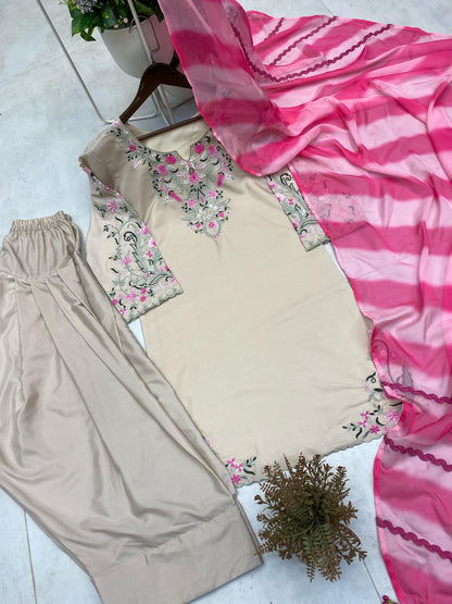 DESIGNER WEAR EXCLUSIVE FARSI SALWAR SUIT IN FRENCH CRAPE WITH SOFT ORGANZA DUPATTA