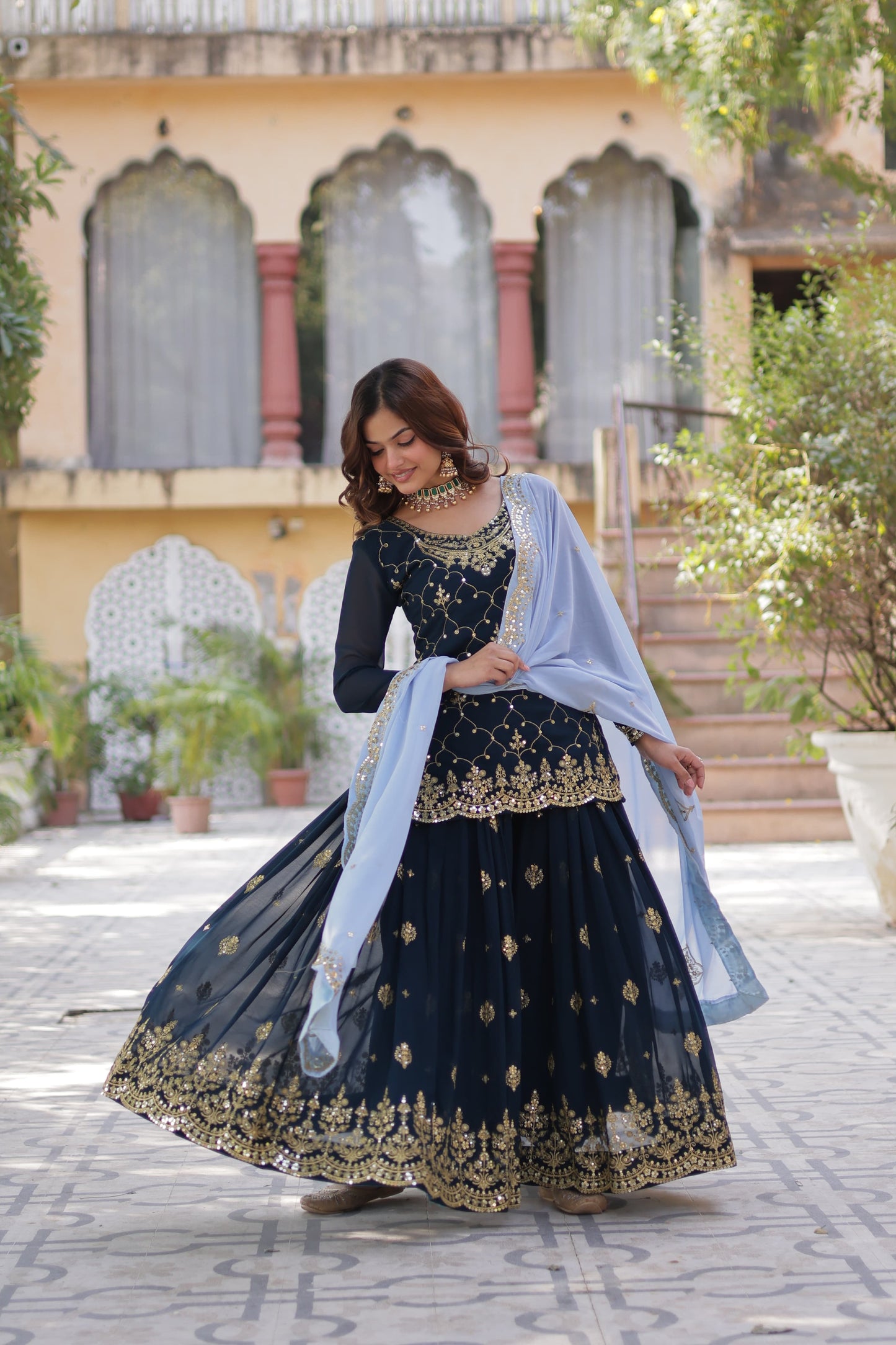 FAUX BLOOMING SEQUINS EMBROIDERED KURTI-PLAZZO-DUPATTA SET