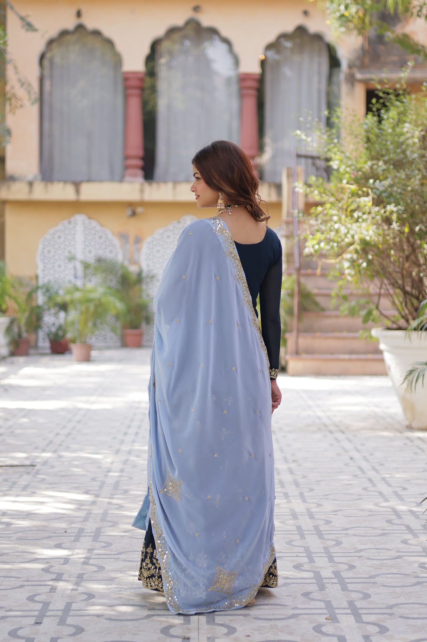 FAUX BLOOMING SEQUINS EMBROIDERED KURTI-PLAZZO-DUPATTA SET
