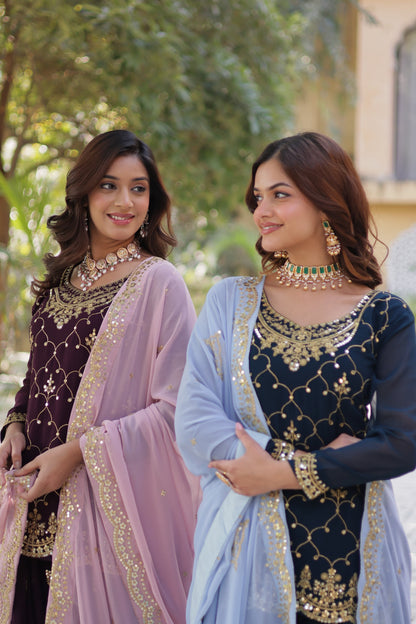 FAUX BLOOMING SEQUINS EMBROIDERED KURTI-PLAZZO-DUPATTA SET