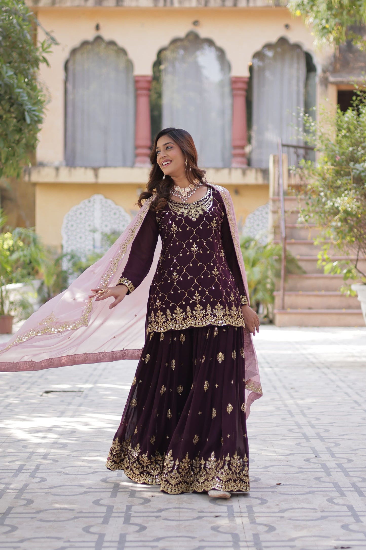 FAUX BLOOMING SEQUINS EMBROIDERED KURTI-PLAZZO-DUPATTA SET