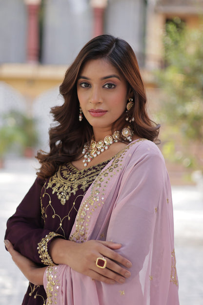 FAUX BLOOMING SEQUINS EMBROIDERED KURTI-PLAZZO-DUPATTA SET