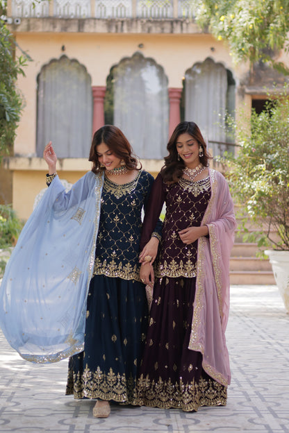 FAUX BLOOMING SEQUINS EMBROIDERED KURTI-PLAZZO-DUPATTA SET