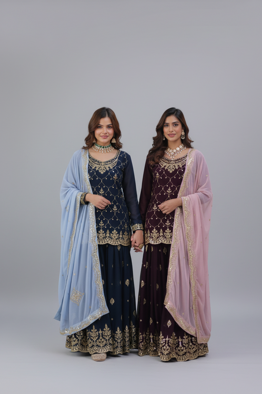 FAUX BLOOMING SEQUINS EMBROIDERED KURTI-PLAZZO-DUPATTA SET