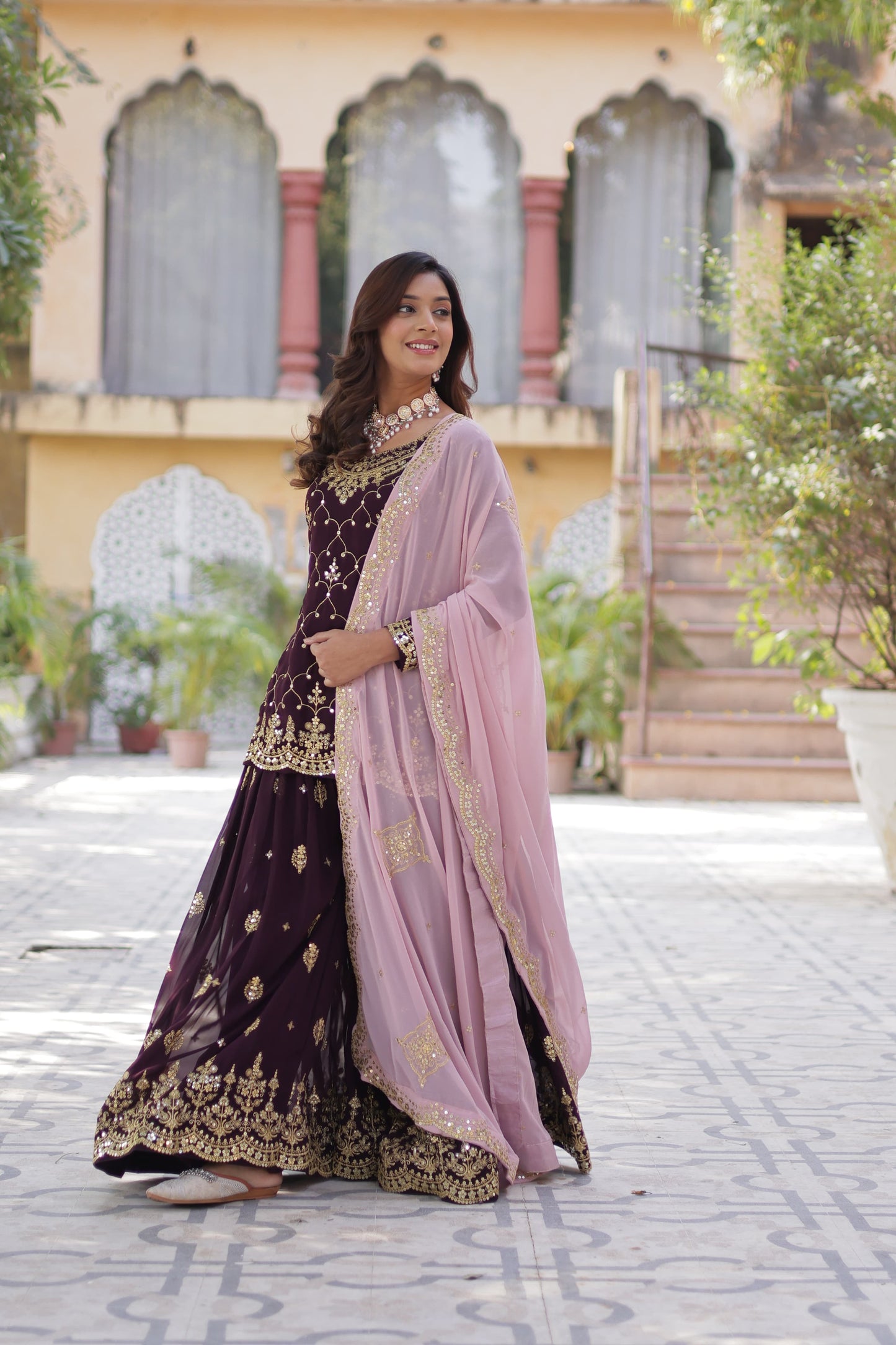 FAUX BLOOMING SEQUINS EMBROIDERED KURTI-PLAZZO-DUPATTA SET