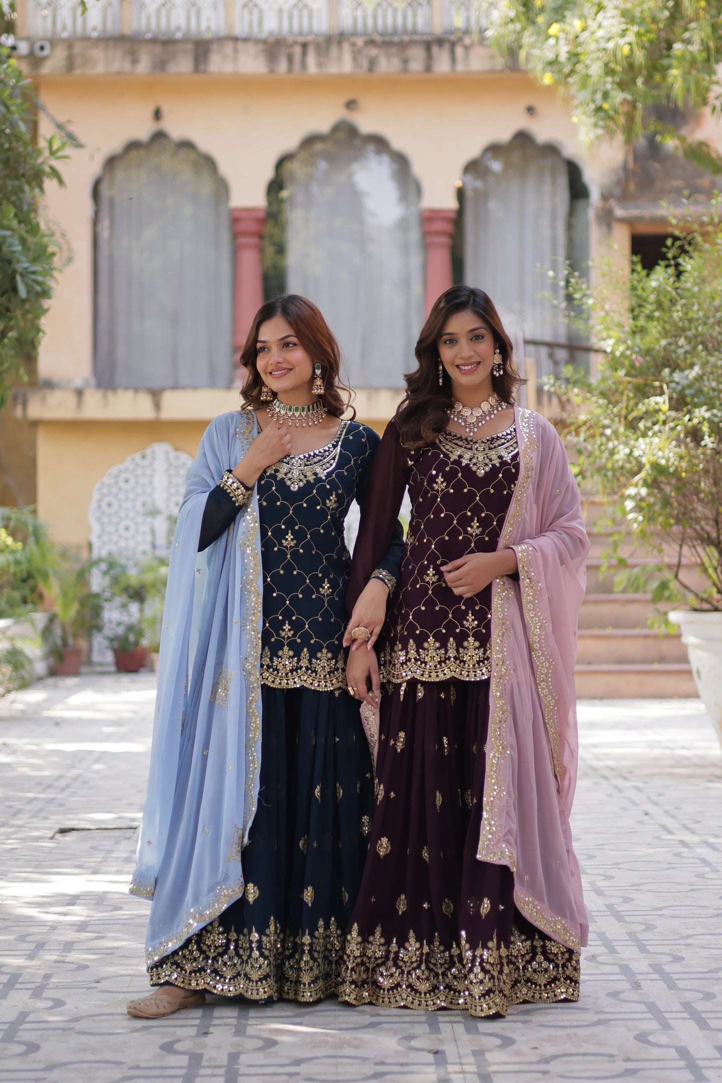 FAUX BLOOMING SEQUINS EMBROIDERED KURTI-PLAZZO-DUPATTA SET