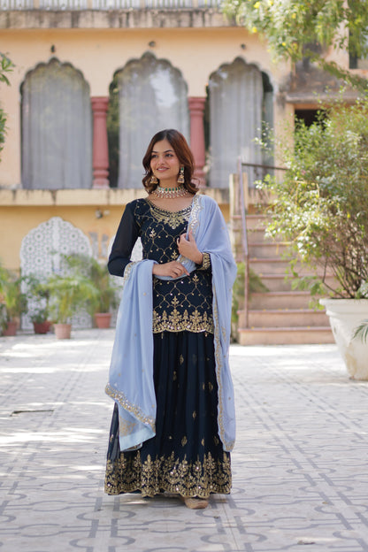 FAUX BLOOMING SEQUINS EMBROIDERED KURTI-PLAZZO-DUPATTA SET