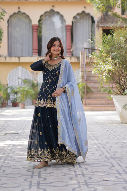 FAUX BLOOMING SEQUINS EMBROIDERED KURTI-PLAZZO-DUPATTA SET