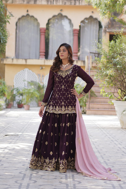 FAUX BLOOMING SEQUINS EMBROIDERED KURTI-PLAZZO-DUPATTA SET