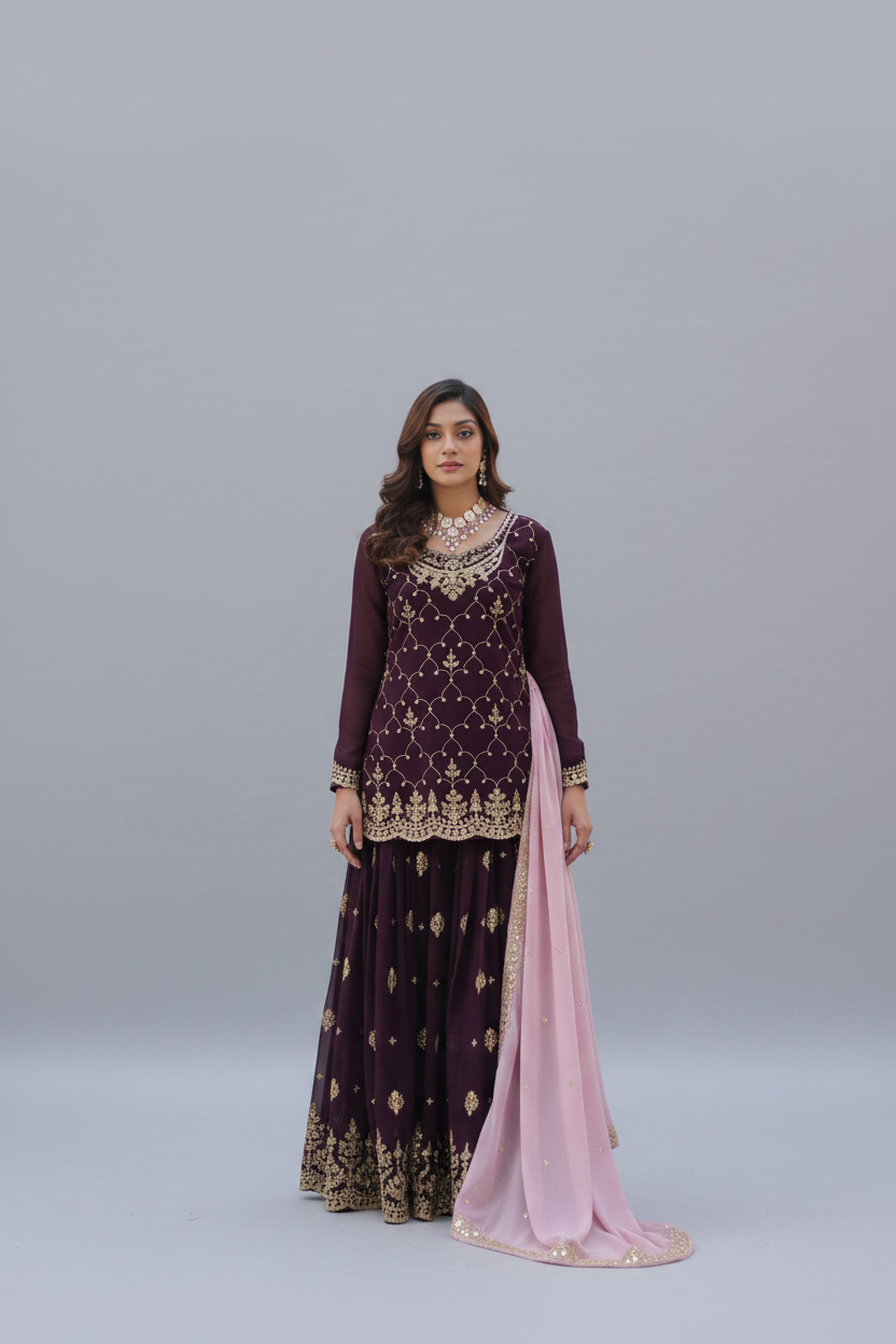 FAUX BLOOMING SEQUINS EMBROIDERED KURTI-PLAZZO-DUPATTA SET