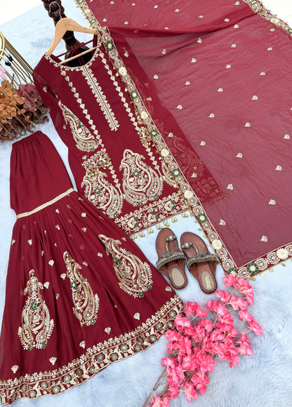 DESIGNER PARTY WEAR FAUX GEORGETTE TOP PLAZZO & DUPATTA SET