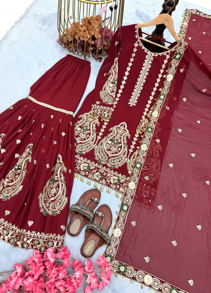 DESIGNER PARTY WEAR FAUX GEORGETTE TOP PLAZZO & DUPATTA SET