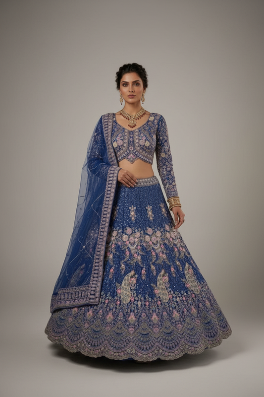 A woman stands in a stone archway wearing an ornate royal blue embroidered lehenga choli set with intricate floral and peacock motifs, gold jewelry, and a matching dupatta.