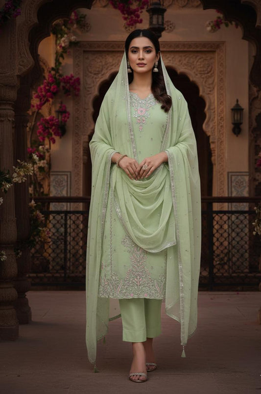 PREMIUM EMBROIDERED FAUX GEORGETTE 3-PIECE LONG KURTI SET