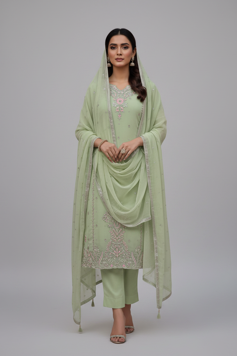 PREMIUM EMBROIDERED FAUX GEORGETTE 3-PIECE LONG KURTI SET