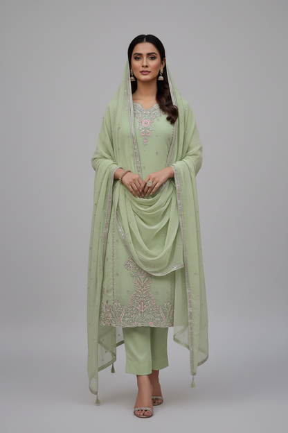 PREMIUM EMBROIDERED FAUX GEORGETTE 3-PIECE LONG KURTI SET