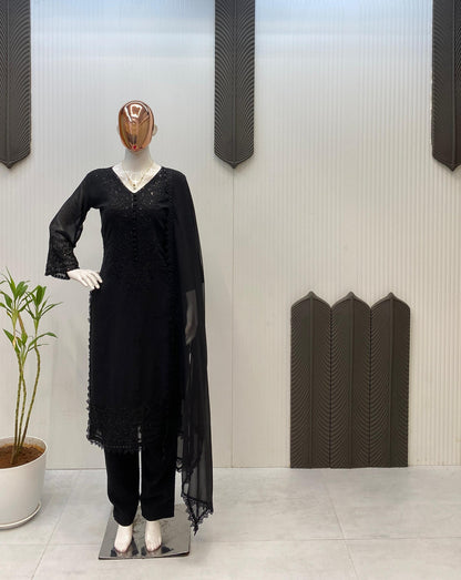 GEORGETTE SEQUENCE EMBROIDERED TOP PLAZZO SET WITH DUPATTA