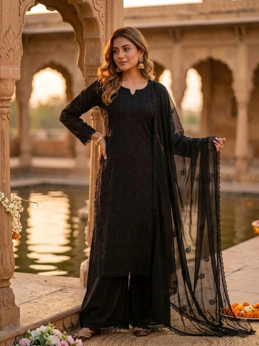 LUXURY FAUX GEORGETTE EMBROIDERED PLAZZO SUIT SET