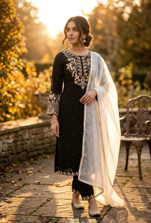 FAUX GEORGETTE EMBROIDERED KURTI PLAZZO SET WITH SILK DUPATTA