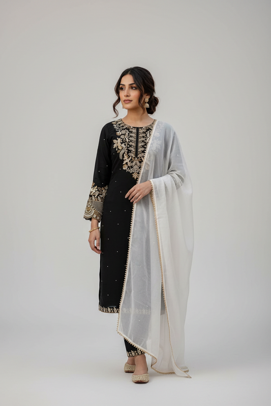 FAUX GEORGETTE EMBROIDERED KURTI PLAZZO SET WITH SILK DUPATTA